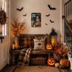 Vintage Metal Tin Sign Halloween Skeleton Witch Hat Pumpkin Ghost Retro Wall Decor for Porch Bar 6×8 Inches with Metal Frame - Image 3