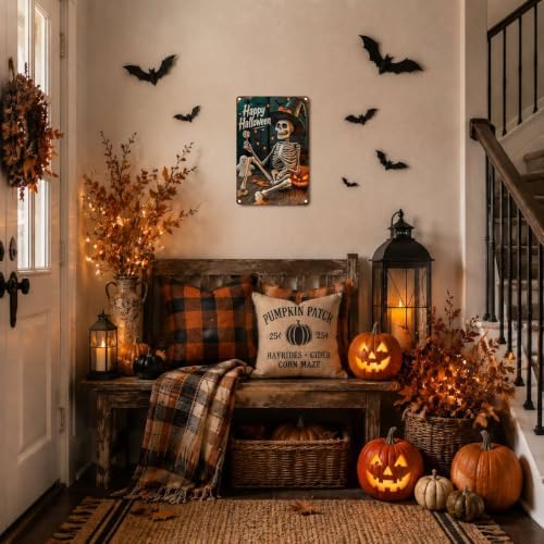 Vintage Metal Tin Sign Halloween Skeleton Witch Hat Pumpkin Ghost Retro Wall Decor for Porch Bar 6×8 Inches with Metal Frame - Image 3
