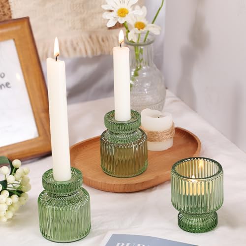DARJEN 6 Pcs Green Candlestick Holders - Glass Taper Candle Holders Tealight Votive Candle Holders for Table Centerpieces, Wedding, Dinner Party, Home, Gifts (Pack of 2) - Image 5