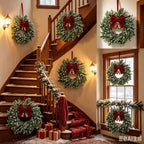 8 Set Christmas Hanging Wreaths Small Snow Flocked Artificial Cedar Wreaths with Red Velvet Ribbon Bronze Bells Mini Faux Greenery Wreath for Front Door Porch Cabinet Window Xmas Holiday Decorations - Image 5