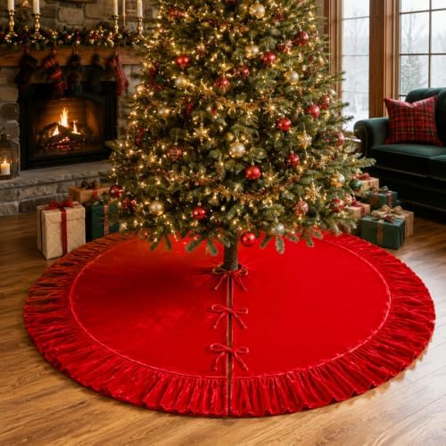 72 Inch Velvet Christmas Tree Skirt Vintage Red Tree Skirt - Image 6