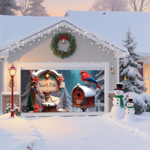 Christmas Garage Door Banner – North Pole Winter Scene with Red Bird, Mailbox & Snowy Decor, Large Waterproof Reusable Outdoor Holiday Mural for Home, Yard & Porch,16 x 7 ft / 4.8 x 2.1 m - Image 5