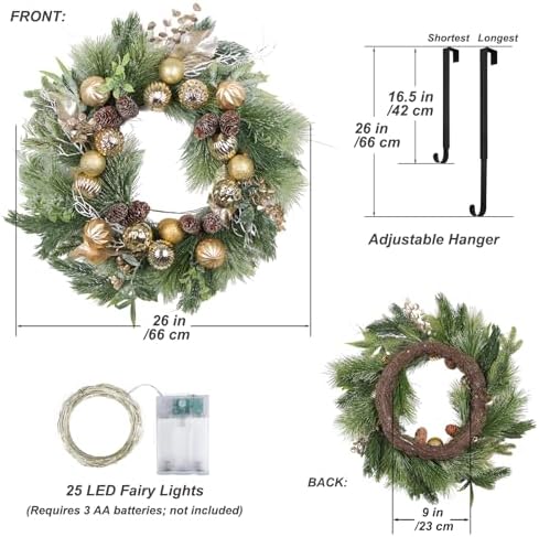 24” Christmas Wreath for Front Door with Lights Hanger Golden Ball Artificial Frosted Evergreen Pine Cones Gilded Forest Foliage Winter Outdoor Décor Indoor Wall Decorations - Image 2