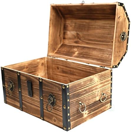 Vintiquewise Wooden Treasure Chest Trunk Vintage-Style Storage Box with Leather Straps Brass Rivets Lion Head Ornaments & Latch Closure Decorative Accent and Functional Organizer for Home Décor, Small - Image 4