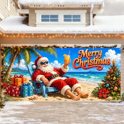 7x16FT Christmas Summer Garage Door Cover Decorations Christmas Santa Claus Beach Vacation Garage Door Banner for Outdoor Indoor Christmas Decorations Party Photography Backdrop - Image 4