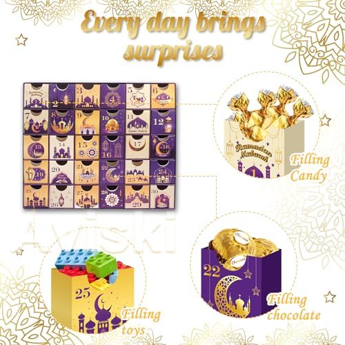 Ramadan Advent Calendar with Drawers, 30 Empty Boxes for 30 days, Eid Mubarak Coutdown Calendar Fillable Ramadan Gift, Islamic Art, Cardboard Number Storage Box, Ramazan Party Supplies - Purple - Image 4
