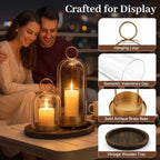 5"&4" Hurricane Glass Candle Holders, Gold Candle Holders with Wooden Tray & Hook Chains, Glass Cylinder Candle Holders for Pillar Candles, Brass Lantern Candlestick Decor for Home Wedding Table - Image 7