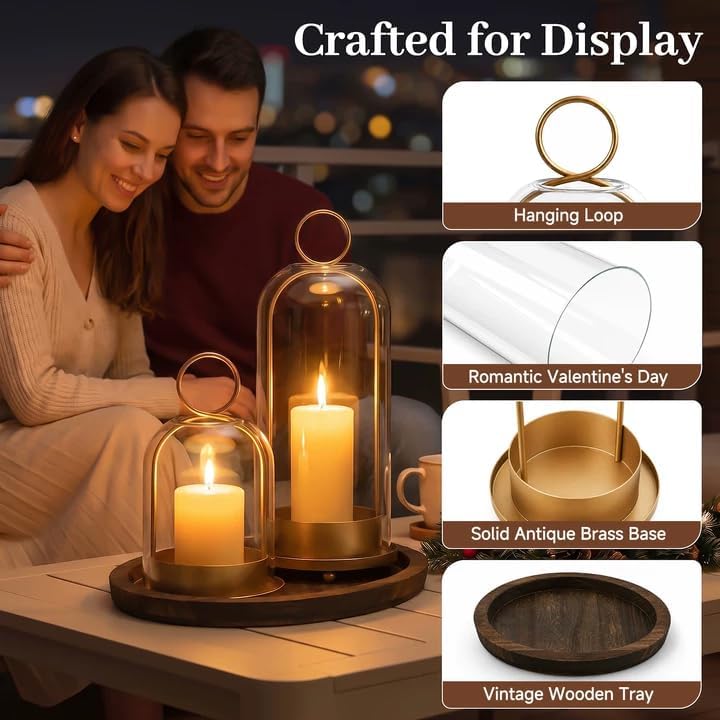 5"&4" Hurricane Glass Candle Holders, Gold Candle Holders with Wooden Tray & Hook Chains, Glass Cylinder Candle Holders for Pillar Candles, Brass Lantern Candlestick Decor for Home Wedding Table - Image 7