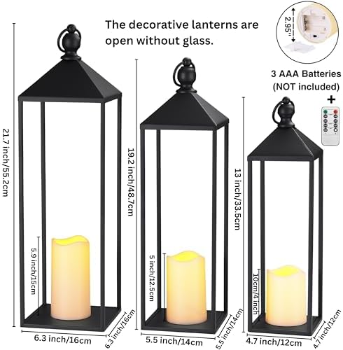 Perfnique Decorative Lanterns for Indoor & Outdoor, Set of 3 Black Metal Lanterns (22" & 19" & 17") with LED Timer Flameless Candles, Farmhouse Modern Decor for Front Porch, Patio, Garden, Mantle - Image 2