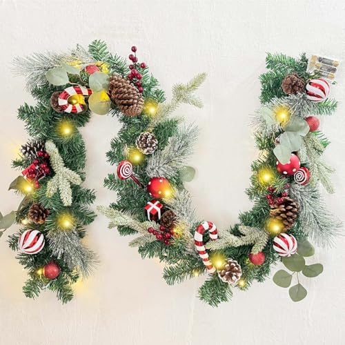 WANNA-CUL Pre-Lit 6ft Red White Christmas Garland with 30 LED Lights by WANNA-CUL