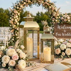 JHY DESIGN Set of 2 Gold Stainless Steel Decorative Candle Lanterns 20.5"&15" High Metal Candle Lanterns for Indoor Outdoor Events Parities Weddings Vintage Style Hanging Lantern - Image 3