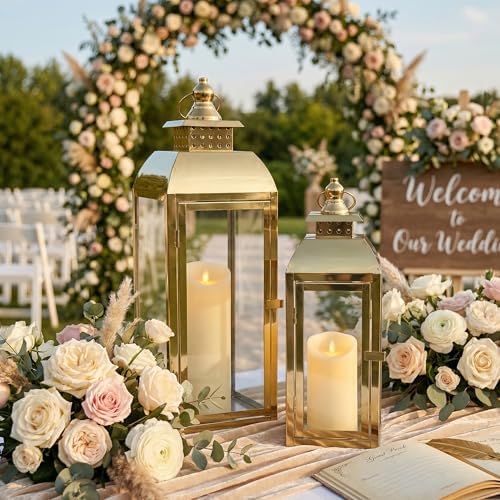 JHY DESIGN Set of 2 Gold Stainless Steel Decorative Candle Lanterns 20.5"&15" High Metal Candle Lanterns for Indoor Outdoor Events Parities Weddings Vintage Style Hanging Lantern - Image 3