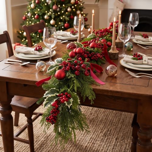 6FT Norfolk Pine Christmas Garland with Artificial Eucalyptus, Red Bow Berries Balls, Realistic Artificial Cedar for Holiday Mantel, Table, Fireplace, Indoor Xmas Decor - Image 2