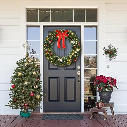 VINGLI 36 Inch Christmas Door Wreath Decorations with 100 Lights and 300 PVC Branches, Pre-lit Artificial Christmas Wreath for Front Door, Xmas Wreath w/Bow, Pine Cones, Ornaments (Plug-in) - Image 2