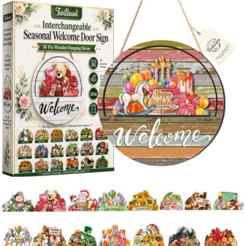 Interchangeable Seasonal Welcome Door Sign for Front 16 Pcs Wooden Hanging by Unknown