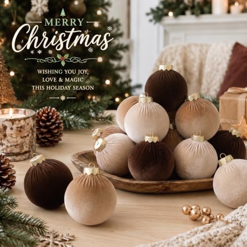 Simgoing 15 Pcs Neutral Velvet Christmas Ball Ornaments 3.15 Inch Brown Beige Polka Dot Flocked Xmas Ornaments with 10 Yards Velvet Ribbon Baubles Shatterproof Christmas Decoration for Holiday - Image 2