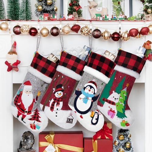 BHD BEAUTY Burlap Gray Red Non-Woven Fleece Fabric Lovely Embroidery Pattern Set of 4 Christmas Stocking for Family Decorations Hanging Ornament for Xmas Holiday Party 20 inches by bhdbeauty