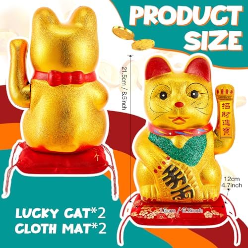 Suzile 9" Lucky Cat Maneki Neko Waving Arm, Golden Beckoning Cat - Image 2