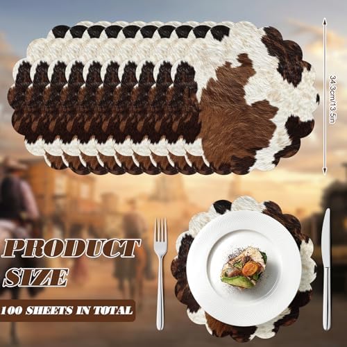 100 Pcs Cow Paper Placemats 13.5 Inches Scalloped Western Placemats Disposable Brown and White Cowhide Place Mats for Western Cowboy Party Wedding Baby Shower Rustic Party Table Decor - Image 2