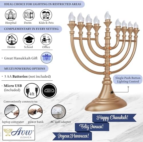13" Traditional Gold LED Electric Hanukkah Menorah Powered by Battery or USB Chanukkiah Plastic - 4' Micro USB Cable Included Chanukah Lights Minorah Matte Gold - Image 4