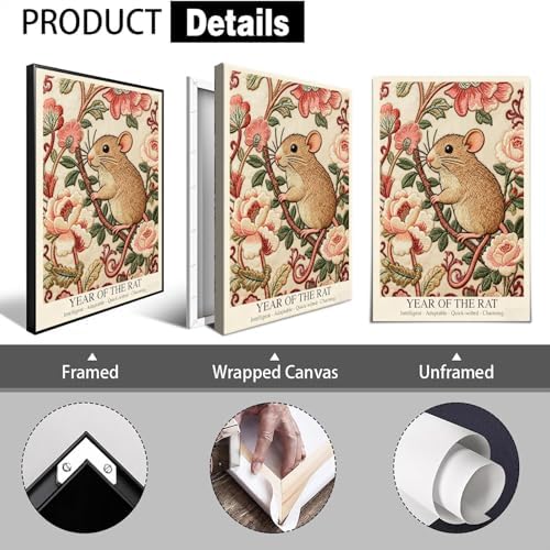 Elegant Chinese Zodiac Wall Art - Year of the Rat Poster with Embroidery Style Floral Pattern for Home Office and Apartment Decor 16X24 in Black Framed - Image 2