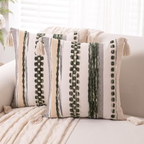 Boho Throw Pillow Covers Tufted Farmhouse Pillowcase with Tassels by Unknown