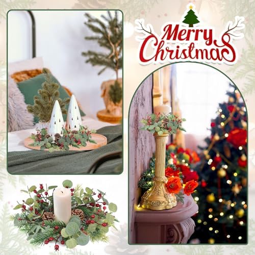 8 PCS Christmas Candle Rings Mini Wreath Pine Garland Artificial Eucalyptus and Snowy Cedar Candle Rings Holder with Red Berries Pine Cones for Table Centerpiece Home Door Window Chair Wall - Image 7