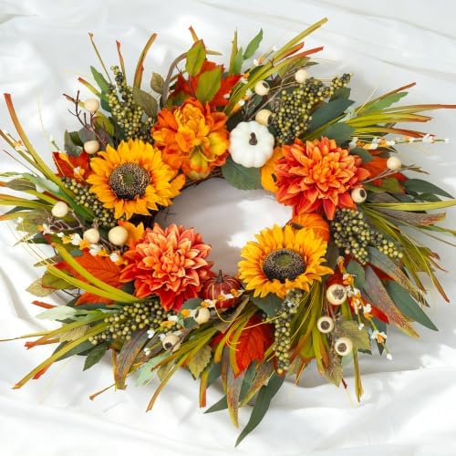 Artificial Fall Wreaths for Front Door 24 Inch Harvest Autumn Leaf Wreath - Image 6