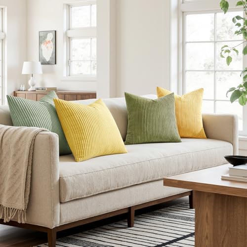 MIULEE Soft Corduroy Decorative Throw Pillow Covers Yellow Green 20x20 - Image 3