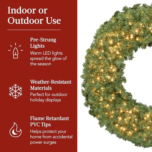 Best Choice Products 48in Large Artificial Pre-Lit Fir Christmas Wreath Holiday Accent Decoration for Door, Mantel w/Red Lighted Bow, 250 LED Lights, 714 PVC Tips, Power Plug-in - Image 5