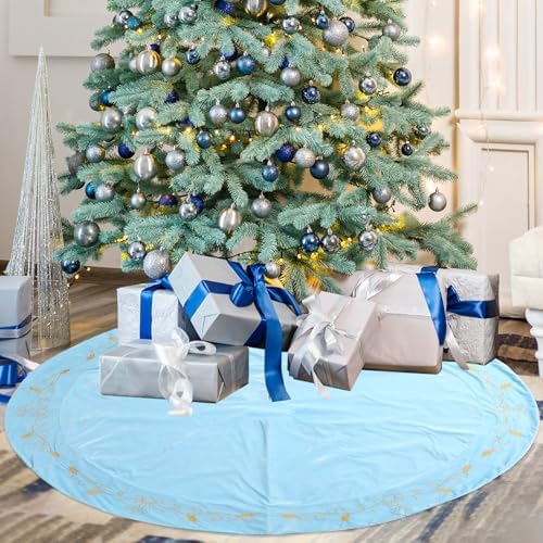 60inch Extra Large Christmas Tree Skirt Blue Luxury Velvet Plush Fur Skirts with Gold Embroidery Xmas Velvet Tree Skirt Holly Leaves Gold Embroidered Trees Skirts for Christmas Holiday Party Decor - Image 4