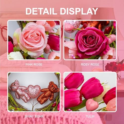 J'FLORU Valentines Day Decorations Romantic Valentines Day Gifts 22 Inch Valentine's Day Wreath with Lovely Bear Heart Roses Tulips for Valentine Party Anniversary Candlelight Dinner - Image 5