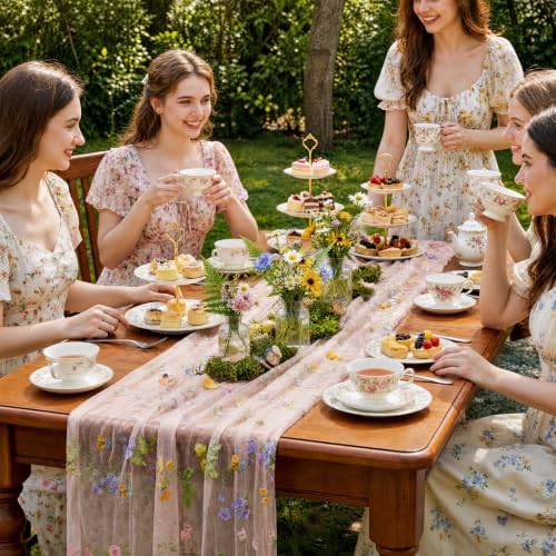 Pink Floral Table Runner 10ft Embroidery Wildflower, 10 Pcs - Image 4