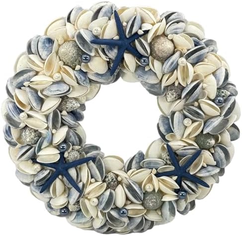 Natural Seashell Wreath w/Shells, Starfish, Pearls, Sea Snails - Spring & Summer Coastal Decor Beach House Indoor Door Wreath, 18in Dark Blue - Image 2