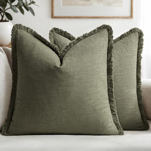 MIULEE Boho Linen Fringe Decorative Throw Pillow Covers Olive Green 16x16 by MIULEE