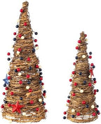 Glitzhome Set of 2 Patriotic Table Tree 4 of July Tabletop Centerpiece Artificial Rattan Stars& Berry Cone Table Tree Decoration for Memorial Day Home Office Table Shelf - Image 3