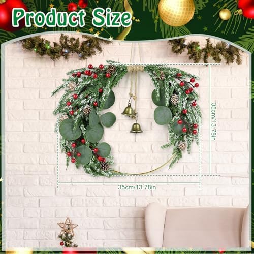 Christmas Wreath Decoration Norfolk Pine Wreath for Front Door 13.8" Artificial Pine Greenery Decor with Pinecones Red Berries Eucalyptus Leaves Bells for Xmas Winter Holiday Party Home Walls Decor - Image 2