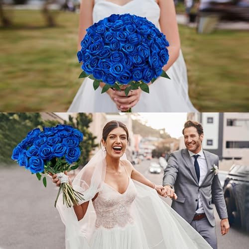 Sggvecsy 50 Pcs Artificial Roses Fake Flowers Velvet Silk Roses with Stems Bulk Realistic Faux Flowers for Bridal Bouquets Wedding Centerpieces Valentines Day DIY Home Party Decor (Blue) - Image 2