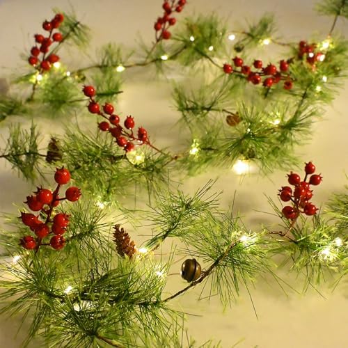 Christmas Garlands Lights 9.84FT 40 LED Smokey Pine Garlands with Lights Battery Operated Pine Cone Garland with Red Berry Bells Green Garland Christmas Decoration for Home Xmas Holiday Indoor Outdoor by ChiRee