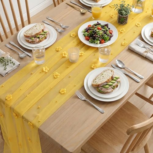 Artoid Mode Yellow Flower Pearl Yellow Gauze Table Runner 10FT 3PC, Seasonal Sheer Dining Holiday Wedding Birthday Baby Shower Table Decor for Home Party - Image 5
