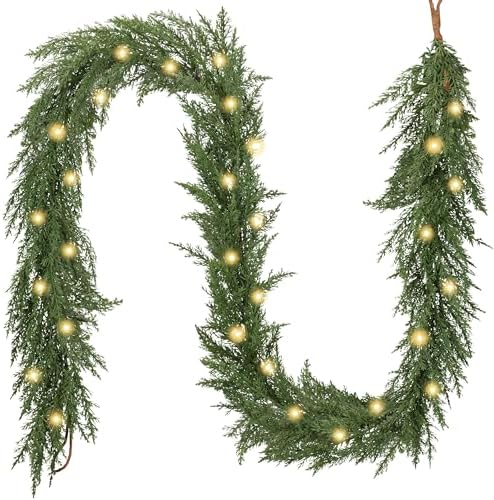 Valery Madelyn 6 Ft Artificial Norfolk Pine Garland for Mantle, Real Tough Christmas Cedar Garland with Light, Lighted Winter Pine Branches for Home Stairs Fireplace Table Indoor Outdoor Holiday Decor by ValeryMadelyn