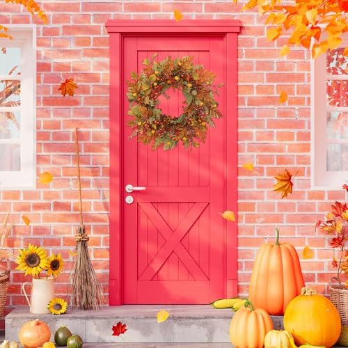 22 inch Artificial Fall Wreaths for Front Door,Autumn Wreath with Pumpkin and red Berries Suitable for Indoor Outdoor Wall Porch Harvest Festival Thanksgiving Day Farmhouse Holiday Decor - Image 7