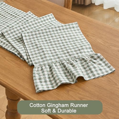 Sage Green Gingham Plaid Ruffle Table Runner 90 Inches Long, 100% Washed Cotton Double Layer Farmhouse Dining Decor for Holiday, Home Party Wedding, 13 x 90 inches - Image 5