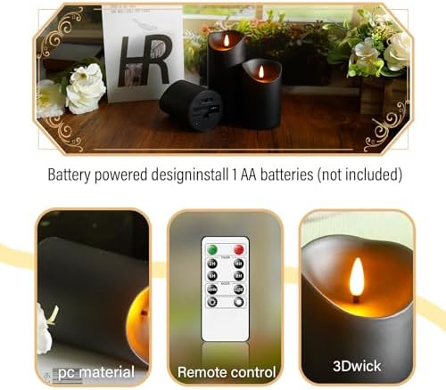 Eebuss Flameless Candles with Remote Timer, Battery Operated Realistic Flickering LED Candles, 9 Packs Fake Candles for Home Decor (D3 x H 3" 4" 5" 6" 7") (Black) - Image 3