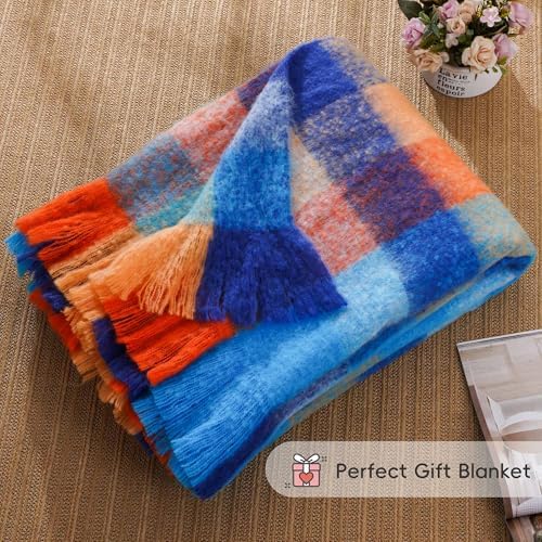 Battilo Blue Plaid Throw Blanket for Couch, Mohair Plaid Blanket, 50 x 60in - Image 7