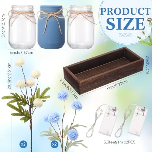 Suncalla 3pcs Blue White Fake Kiku Flowers Mason Jar Centerpiece - Image 2