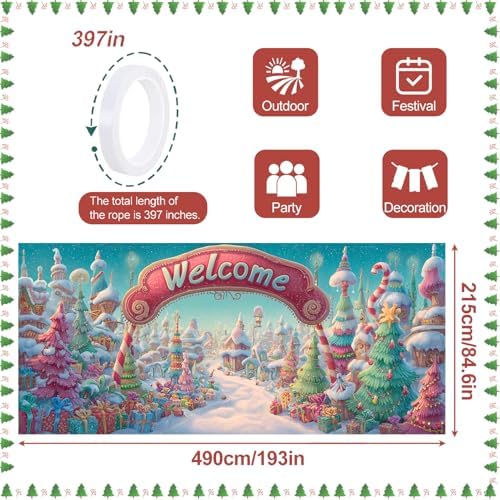 Christmas Welcome Garage Door Banner 7x16FT Candy Village Scene, Xmas Garage Door Cover for Outdoor Decorations & Holiday Parties - Image 4