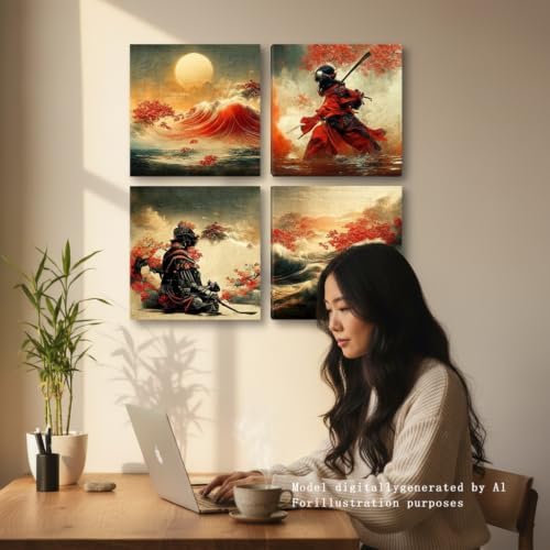 4-Piece Vintage Japanese Samurai Wall Art Canvas Prints, Framed 12x12 Inch - Image 4