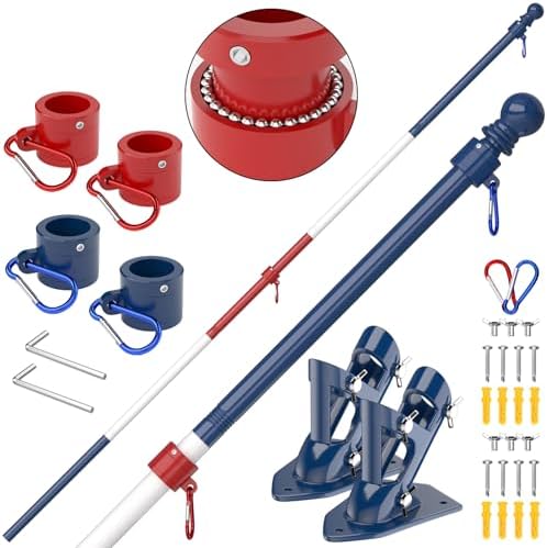 ZMTECH Flag Pole - Upgraded Bracket,(2 Packs) 6 FT Stainless Steel Flag Poles for Outside House, Residential or Commerical, Tangle Free Flag Pole Kit (Without Flag, Blue&White&Red) by HighQualityGardeningTools