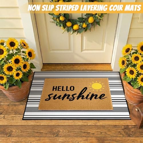 2 Pcs Layered Front Porch Decor, Hello Sunshine Welcome Doormats Summer Coastal Entryway Rug Set, Black and White Striped Crystal Velvet Base and PVC Coil Door Mat, 15.7x23.6 & 23.6x31.5 - Image 6